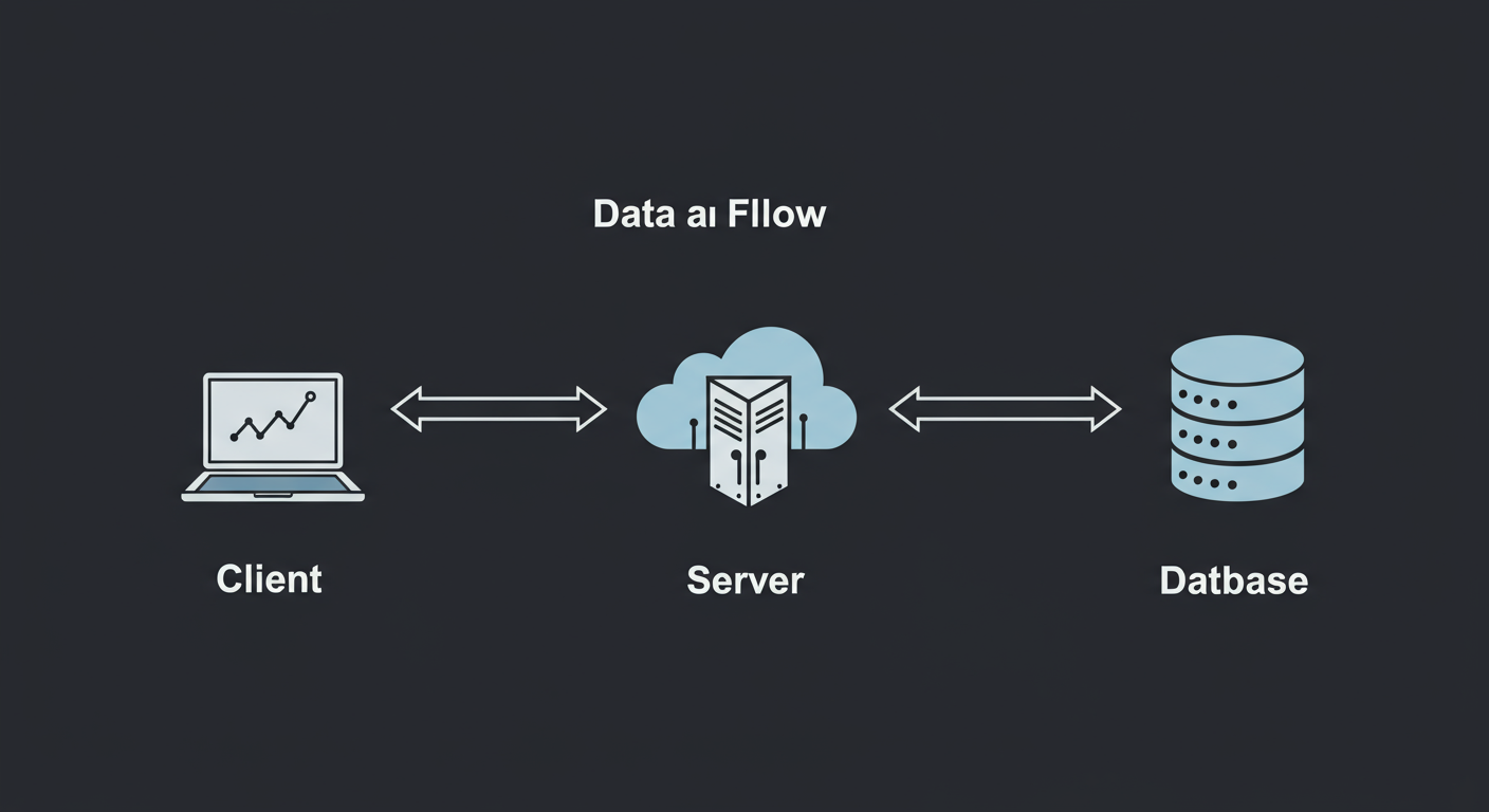 diagram showing data flow between client server and database horizontal format