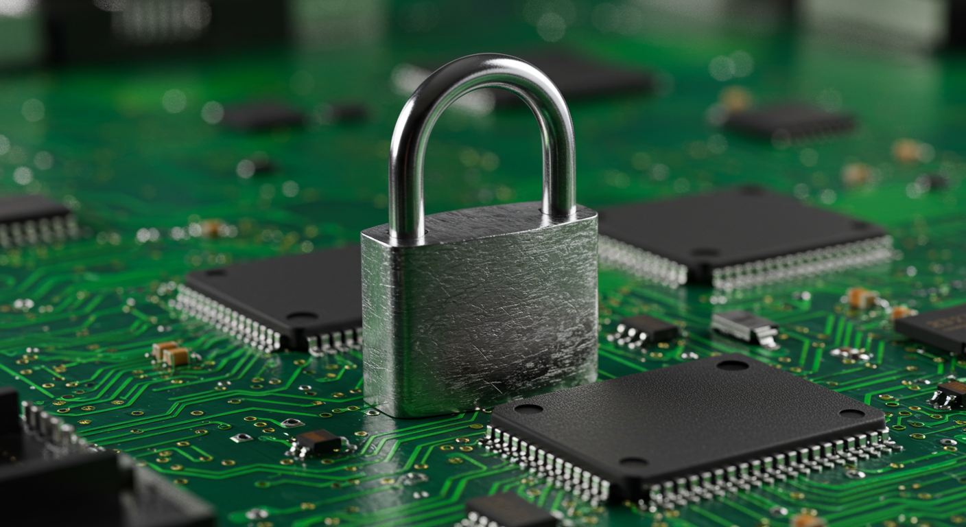 close up of a secure padlock on a digital circuit board cybersecurity concept horizontal format