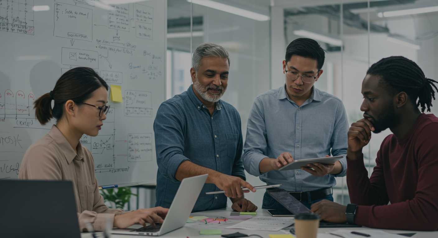 a team of diverse professionals collaborating on a tech project horizontal format