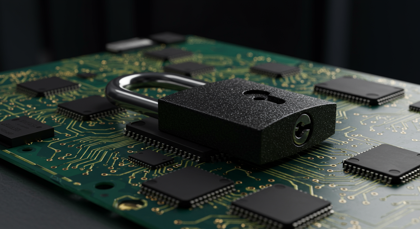 close up of a secure padlock on a digital circuit board cybersecurity concept horizontal format