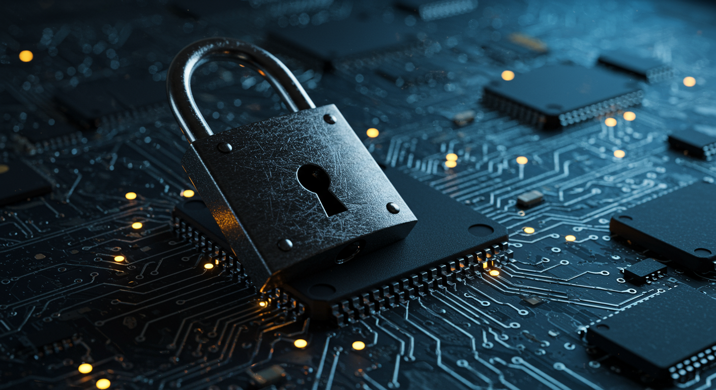 secure padlock on digital circuit board cybersecurity concept horizontal format