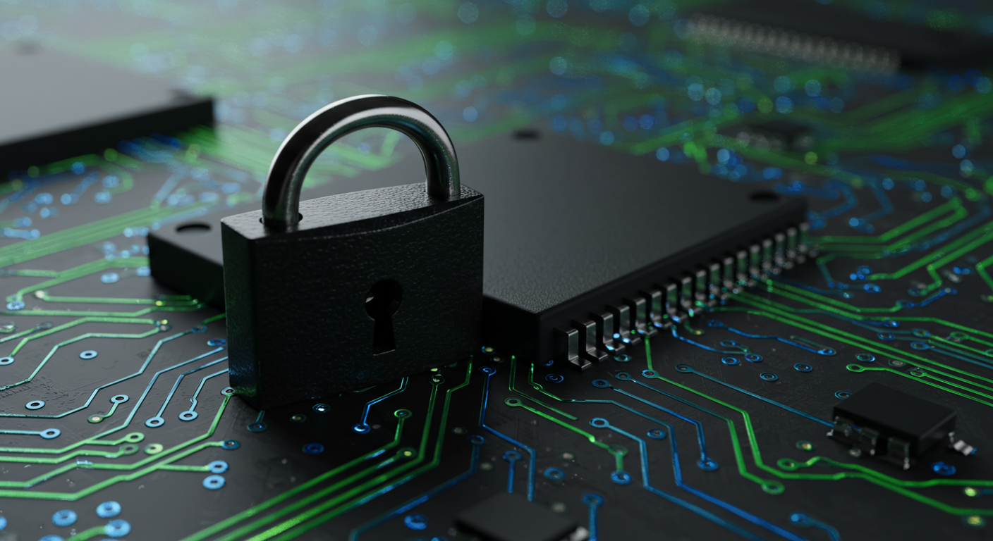 close up of a secure padlock on a digital circuit board cybersecurity concept horizontal format