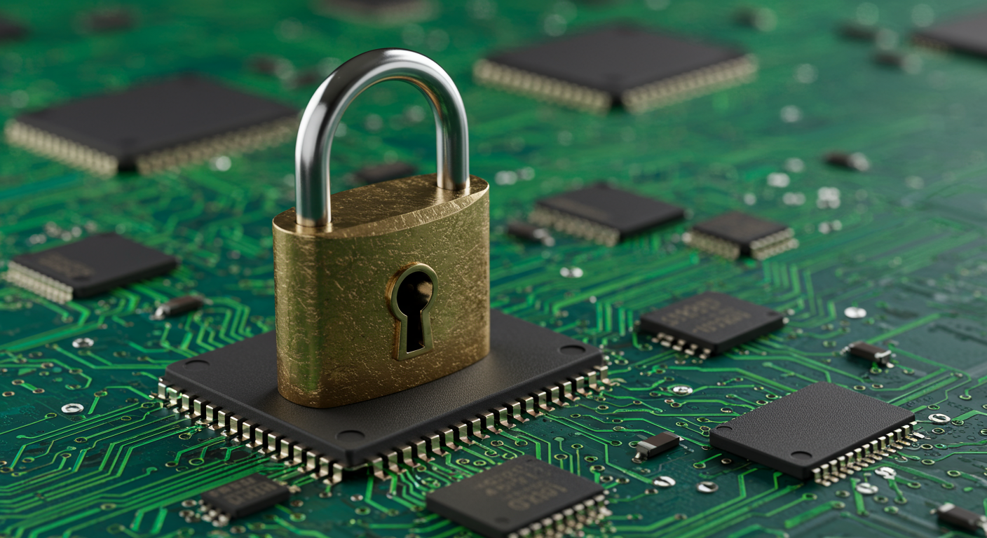 secure padlock on a digital circuit board cybersecurity concept horizontal format