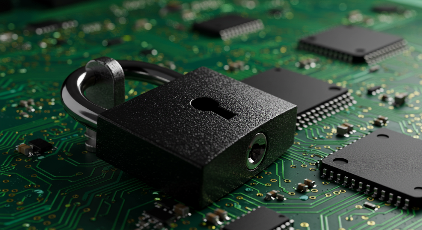 close up of a secure padlock on a digital circuit board cybersecurity concept horizontal format