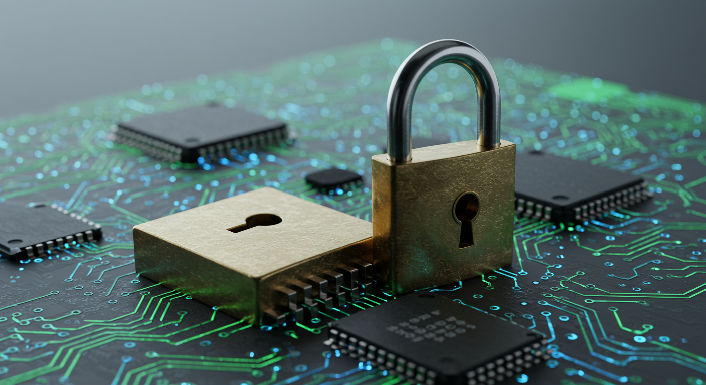 secure padlock on a digital circuit board cybersecurity concept horizontal format