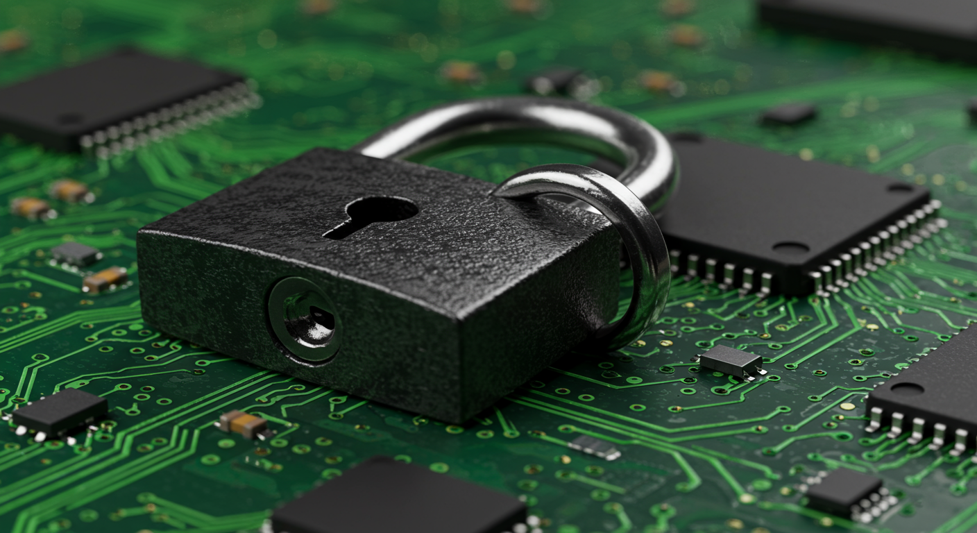 close up of a secure padlock on a digital circuit board cybersecurity concept horizontal format