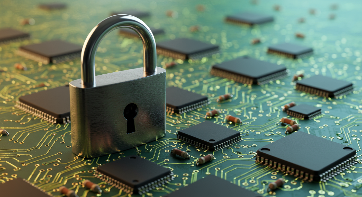secure padlock on a digital circuit board cybersecurity concept horizontal format