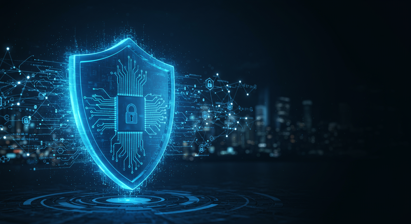 futuristic cybersecurity shield protecting a network horizontal format
