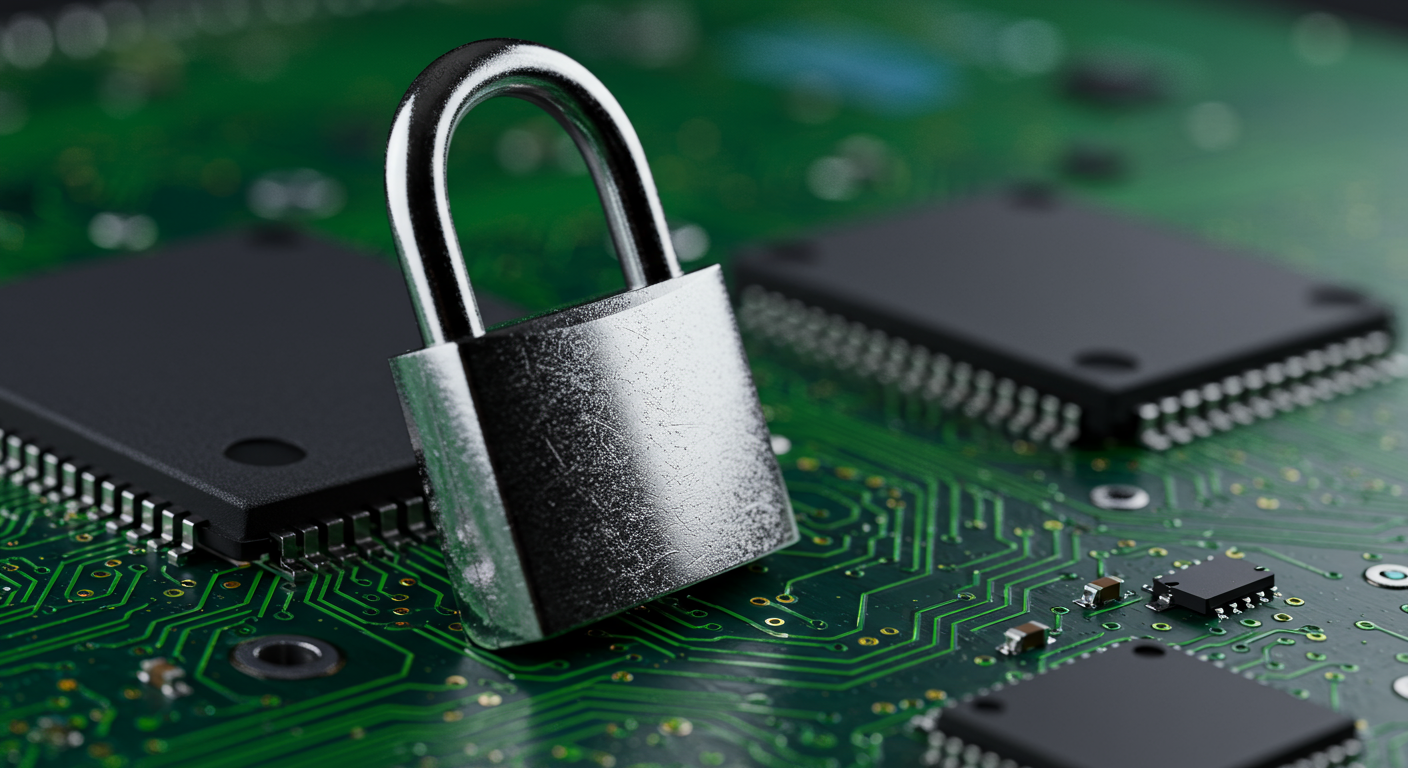 close up of a secure padlock on a digital circuit board cybersecurity concept horizontal format