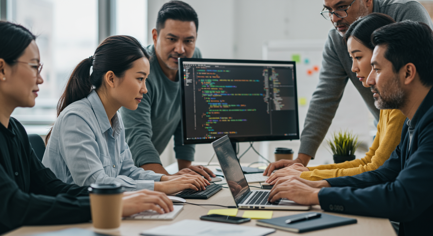 diverse team of programmers collaborating on a complex project horizontal format