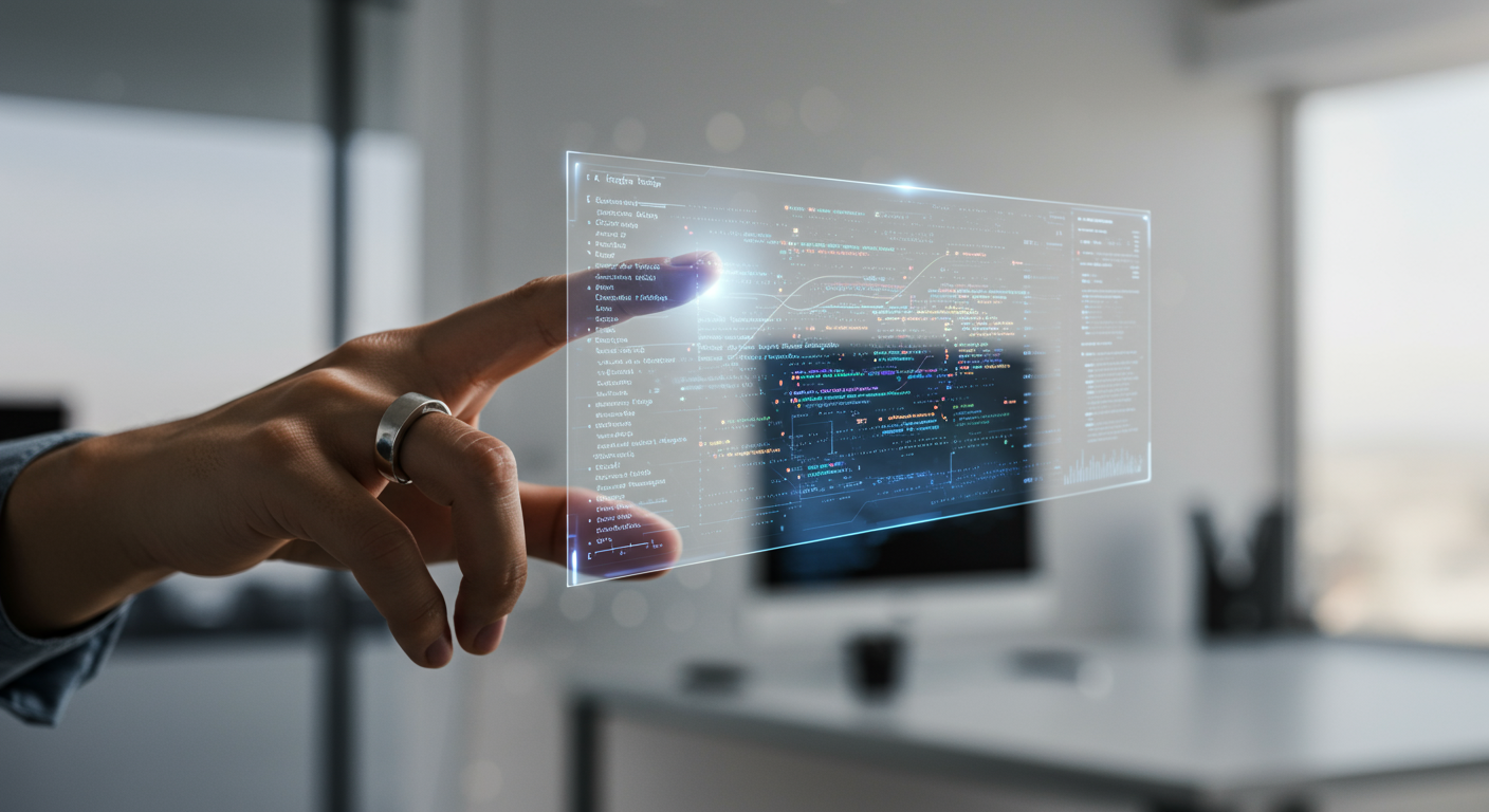 a hand interacting with a holographic user interface showing software development horizontal format