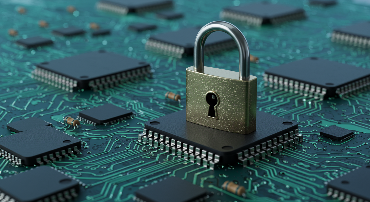 secure digital padlock on a circuit board cybersecurity concept horizontal format