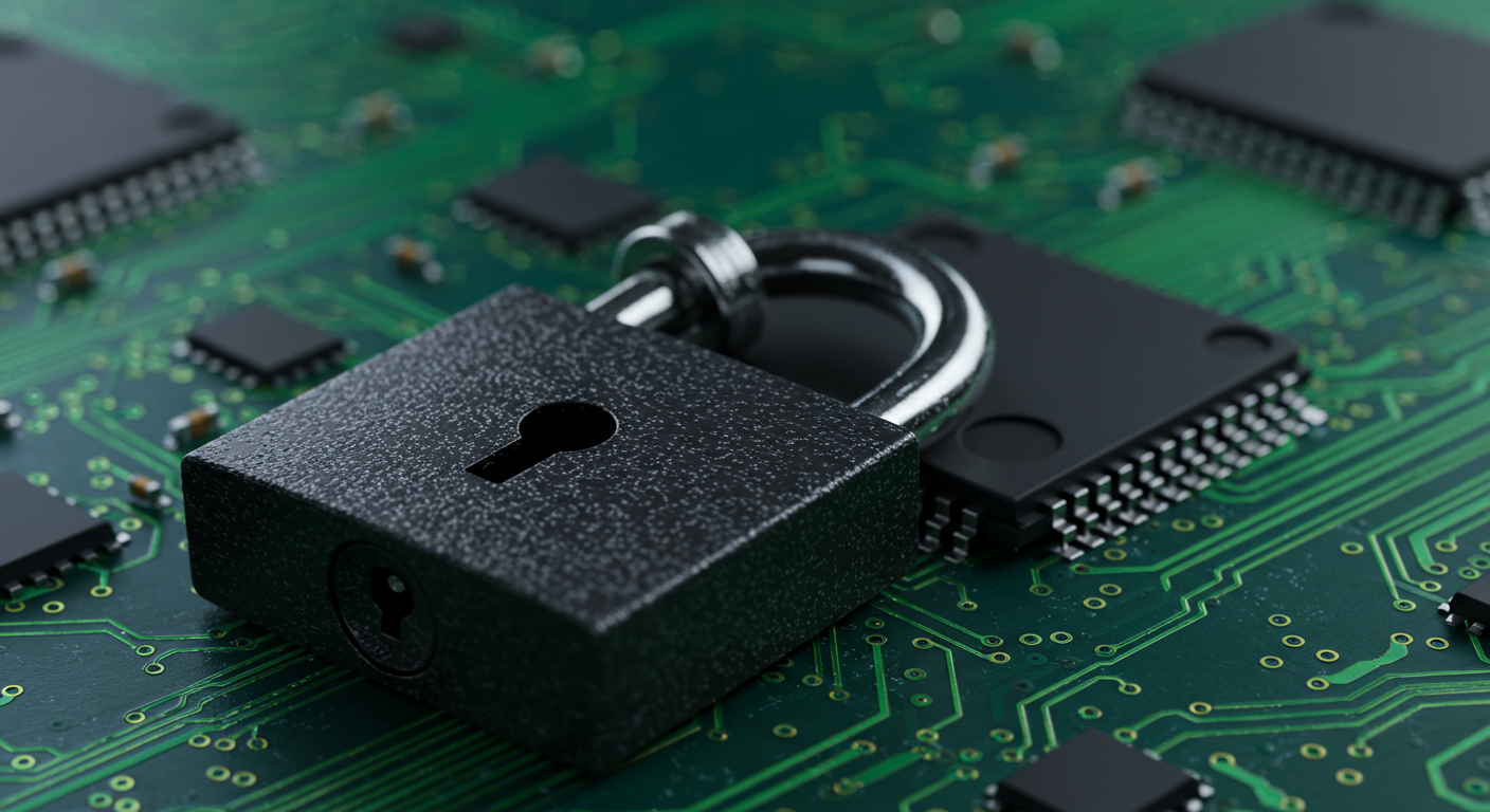 close up of a secure padlock on a digital circuit board cybersecurity concept horizontal format
