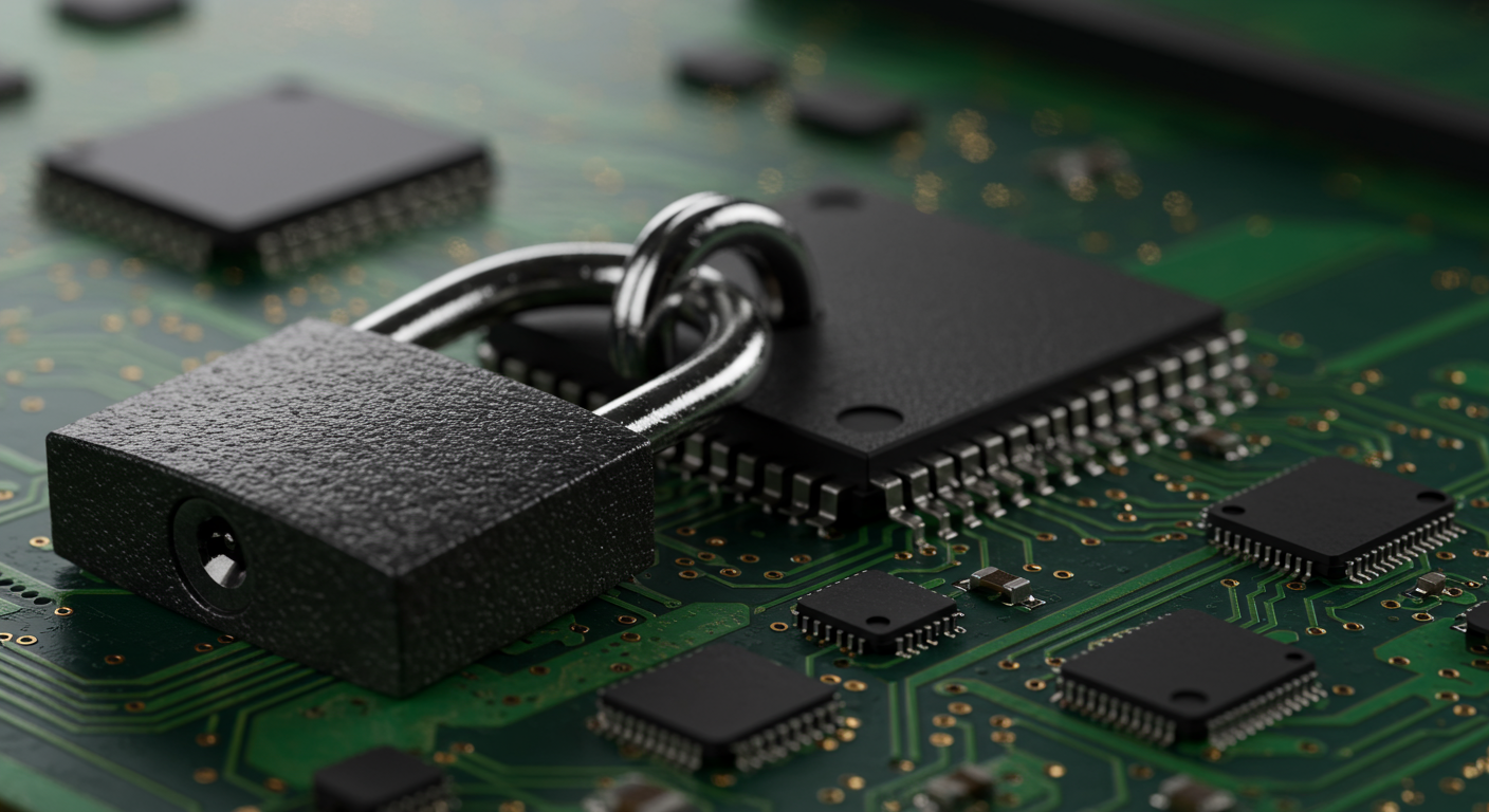 close up of a secure padlock on a digital circuit board cybersecurity concept horizontal format