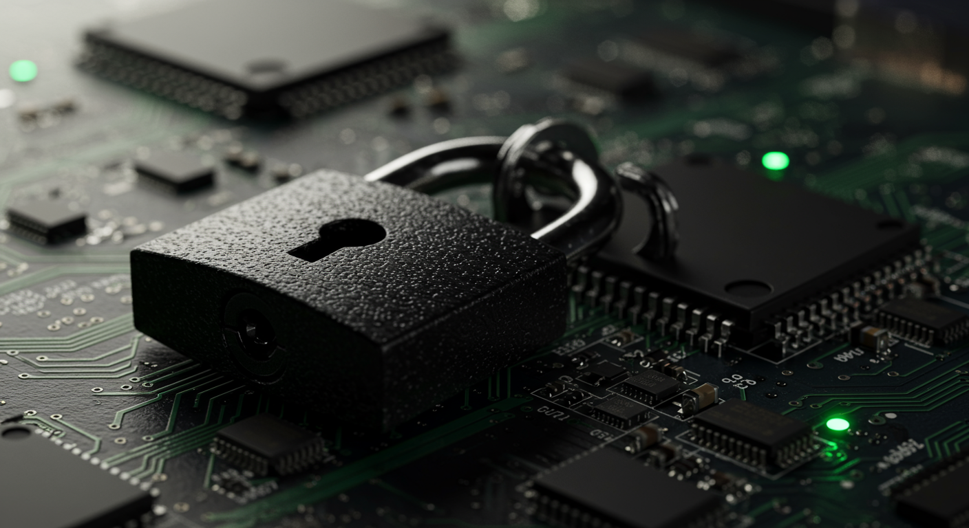 close up of a secure padlock on a digital circuit board cybersecurity concept horizontal format