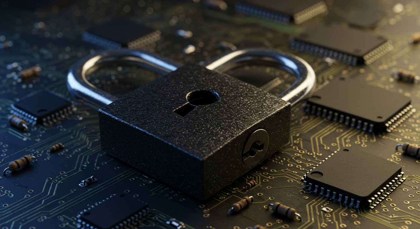 close up of a secure padlock on a digital circuit board cybersecurity concept horizontal format