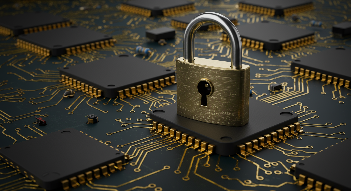 secure digital padlock on a circuit board cybersecurity concept horizontal format