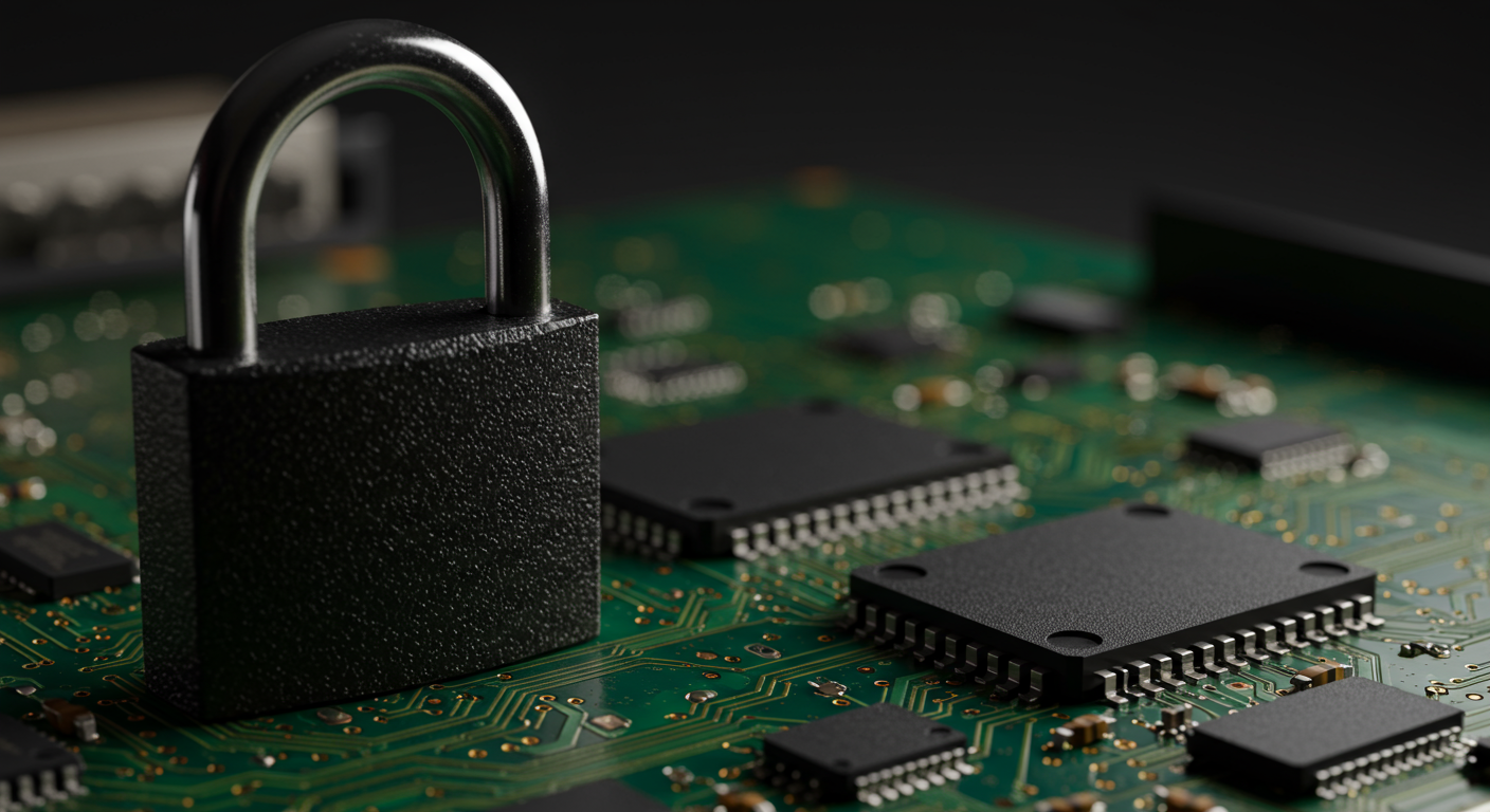 close up of a secure padlock on a digital circuit board cybersecurity concept horizontal format