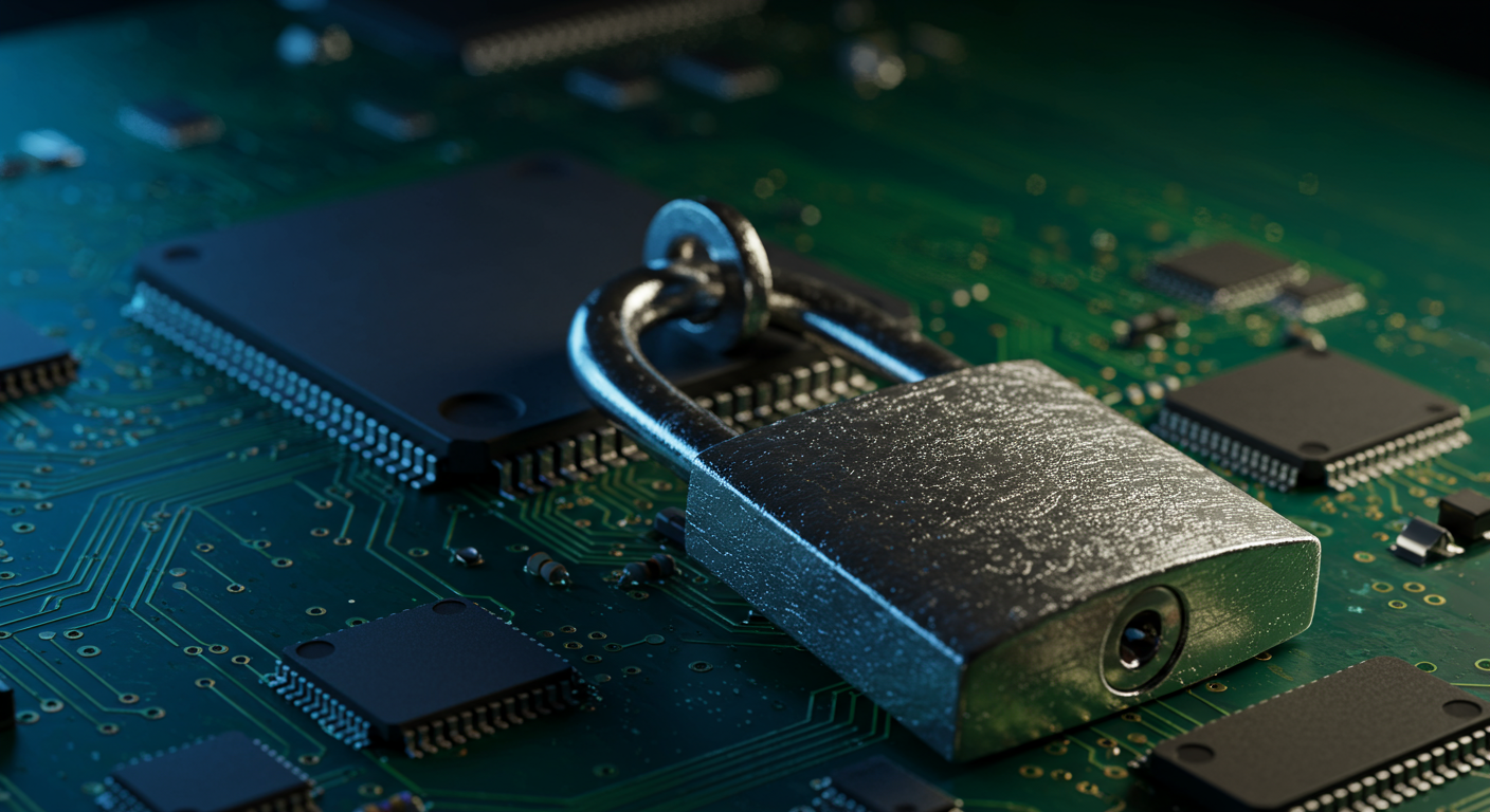 close up of a secure padlock on a digital circuit board cybersecurity concept horizontal format