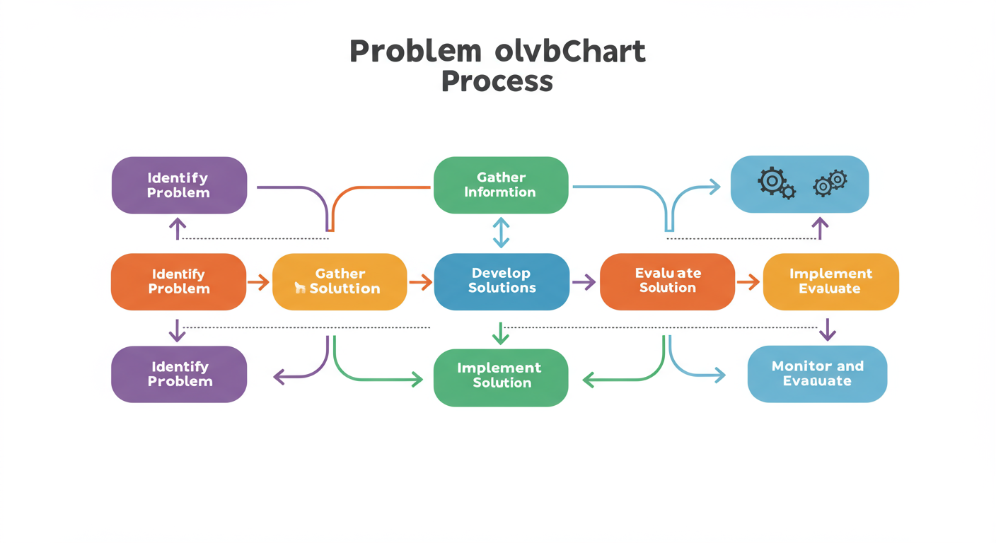 stylized flow chart showing problem solving steps horizontal format