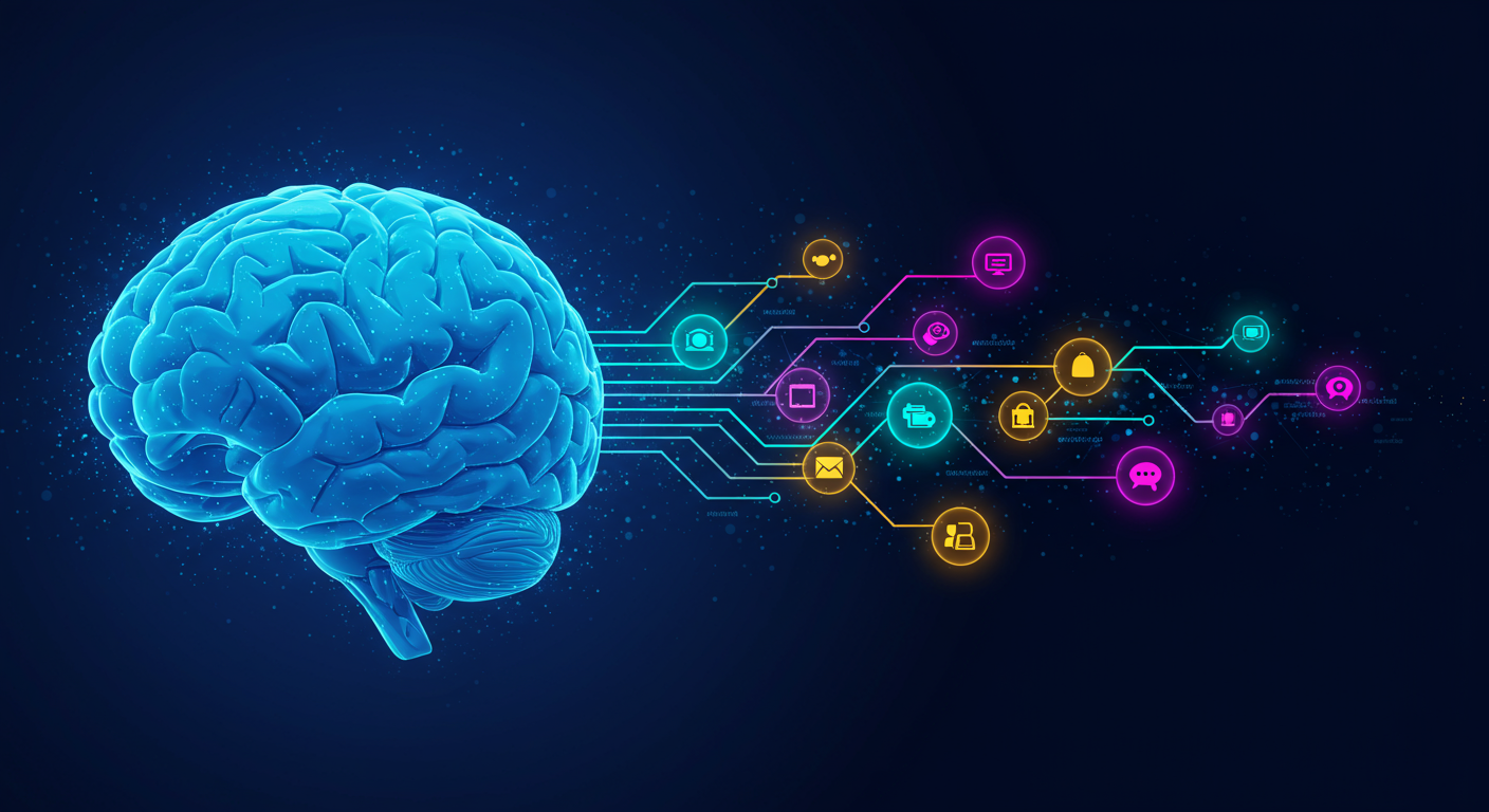 A stylized human brain connected to a network of digital nodes symbolizing full stack development horizontal format