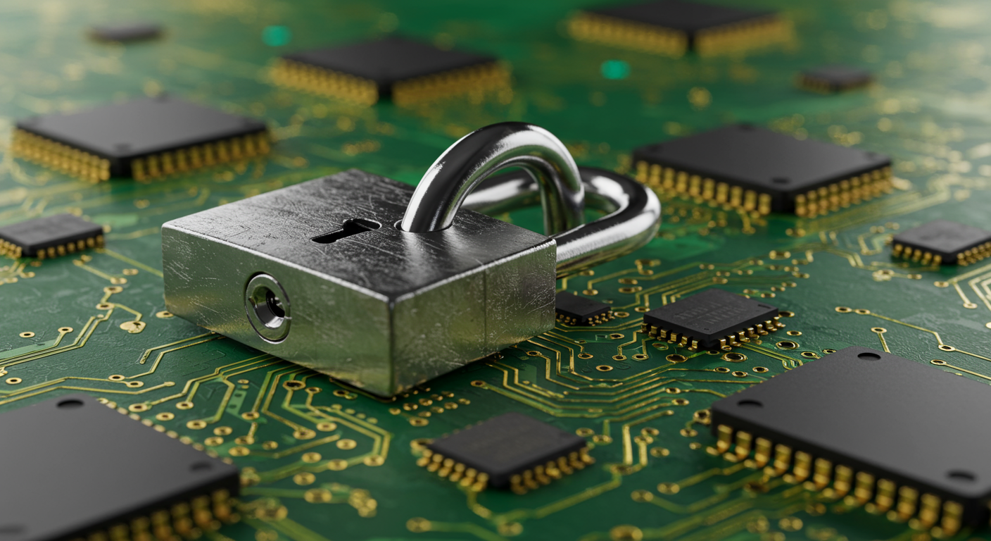 close up of a secure padlock on a digital circuit board cybersecurity concept horizontal format