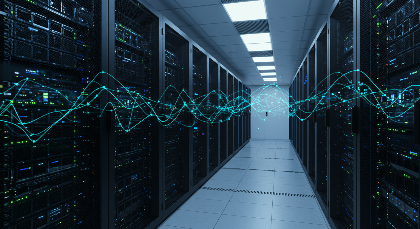 modern server room with data transfer visualization horizontal format