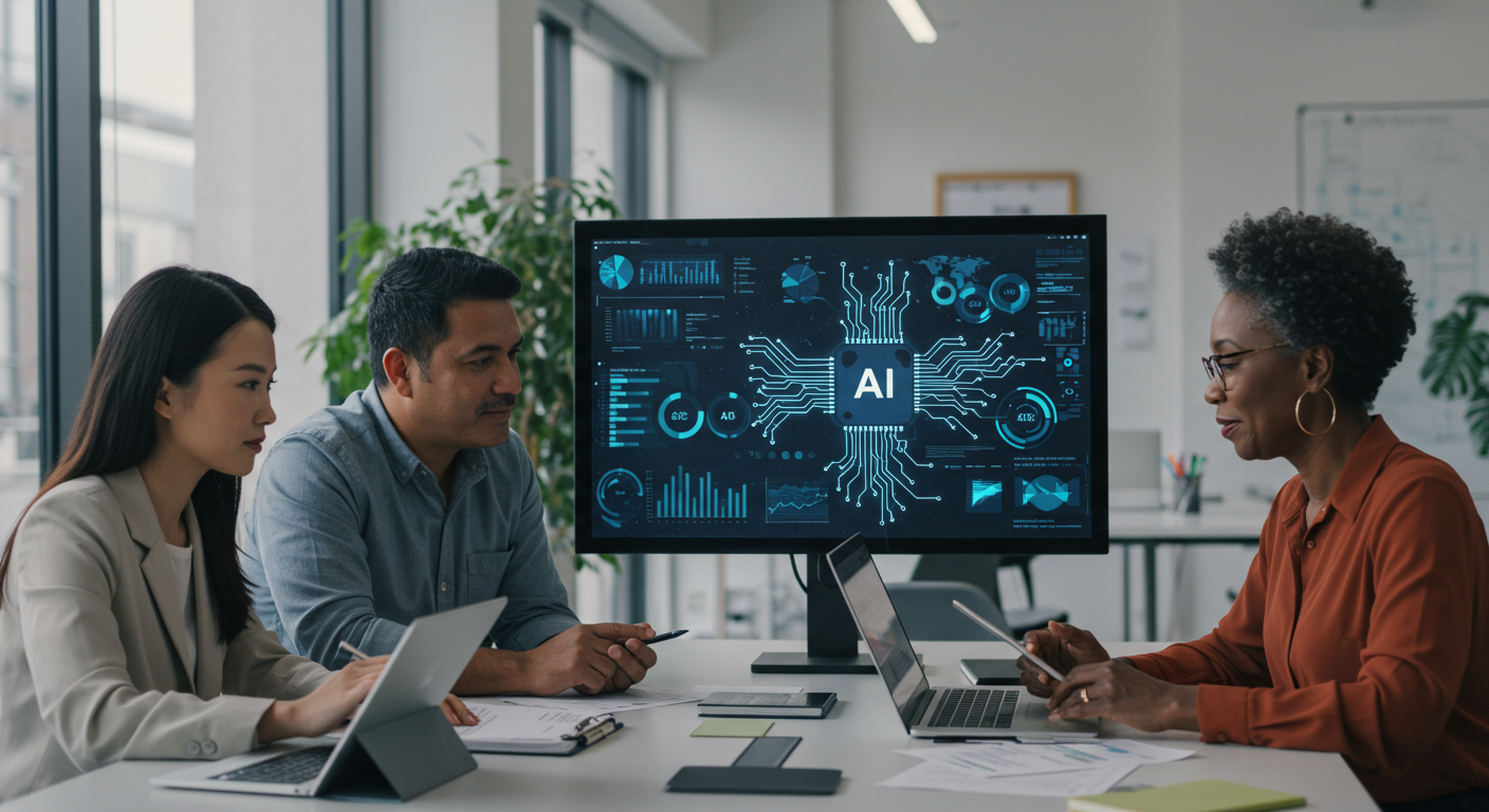 diverse team collaborating on AI project in modern office horizontal format