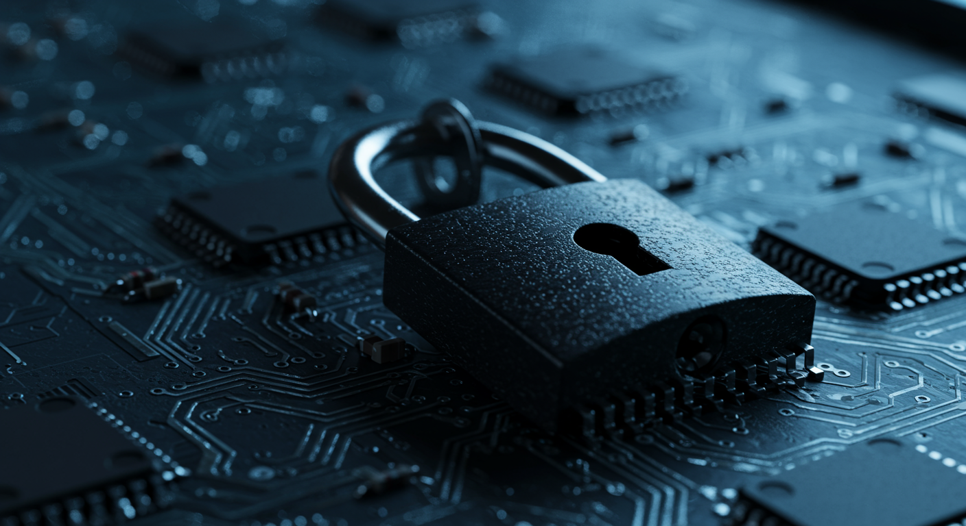 close up of a secure padlock on a digital circuit board cybersecurity concept horizontal format