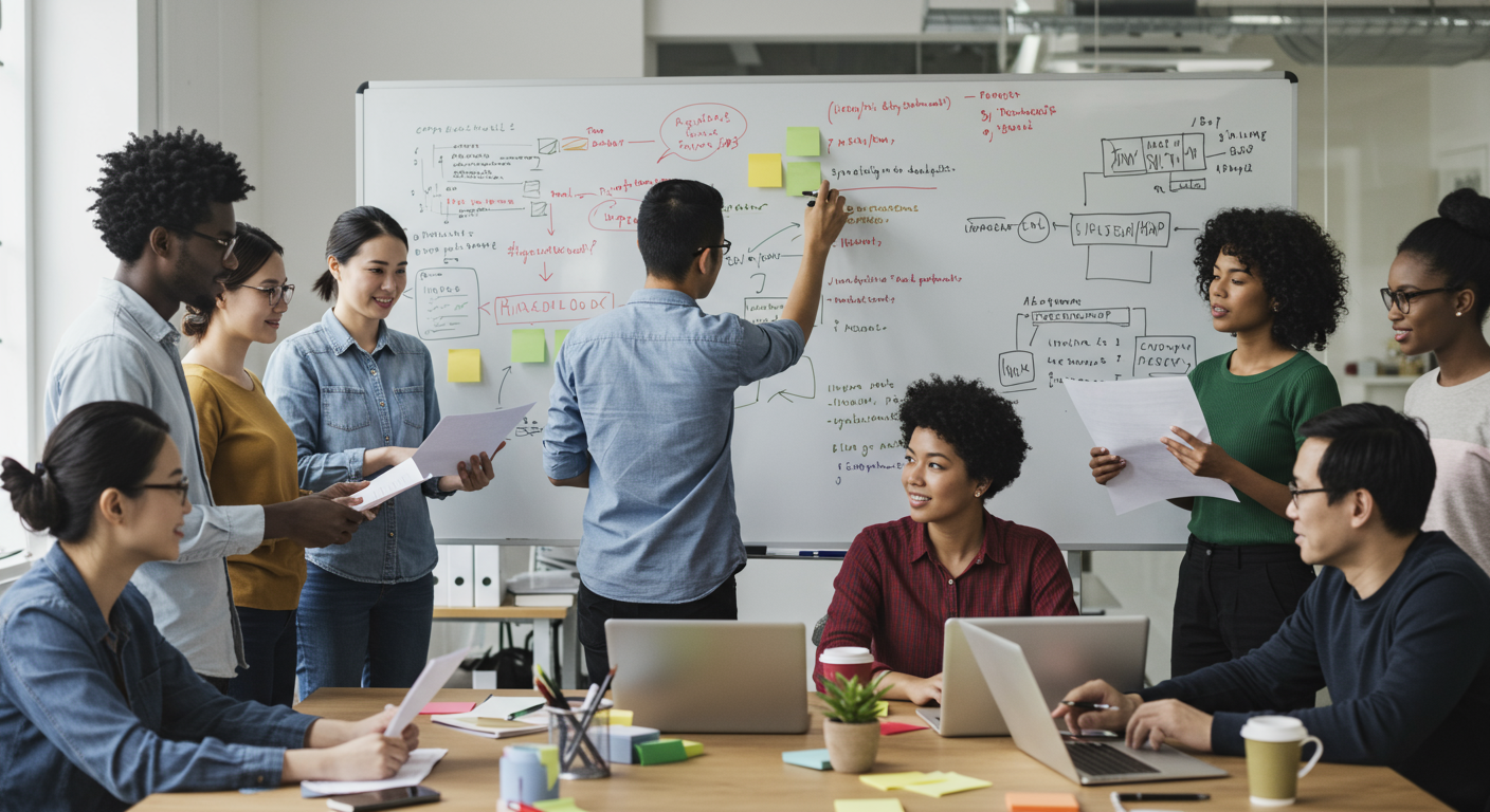diverse team collaborating on software project horizontal format