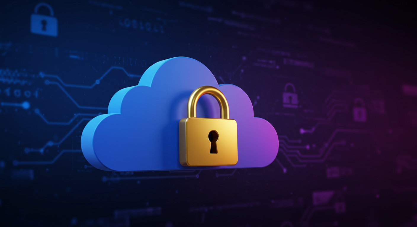 secure cloud computing environment with padlock icon horizontal format
